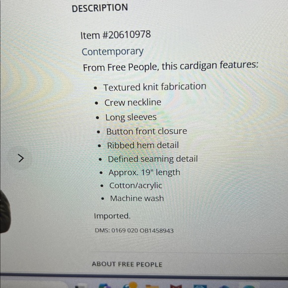 Free People Lila Textured Button front Cardigan- Sky Captain color Midnight - Picture 6 of 8